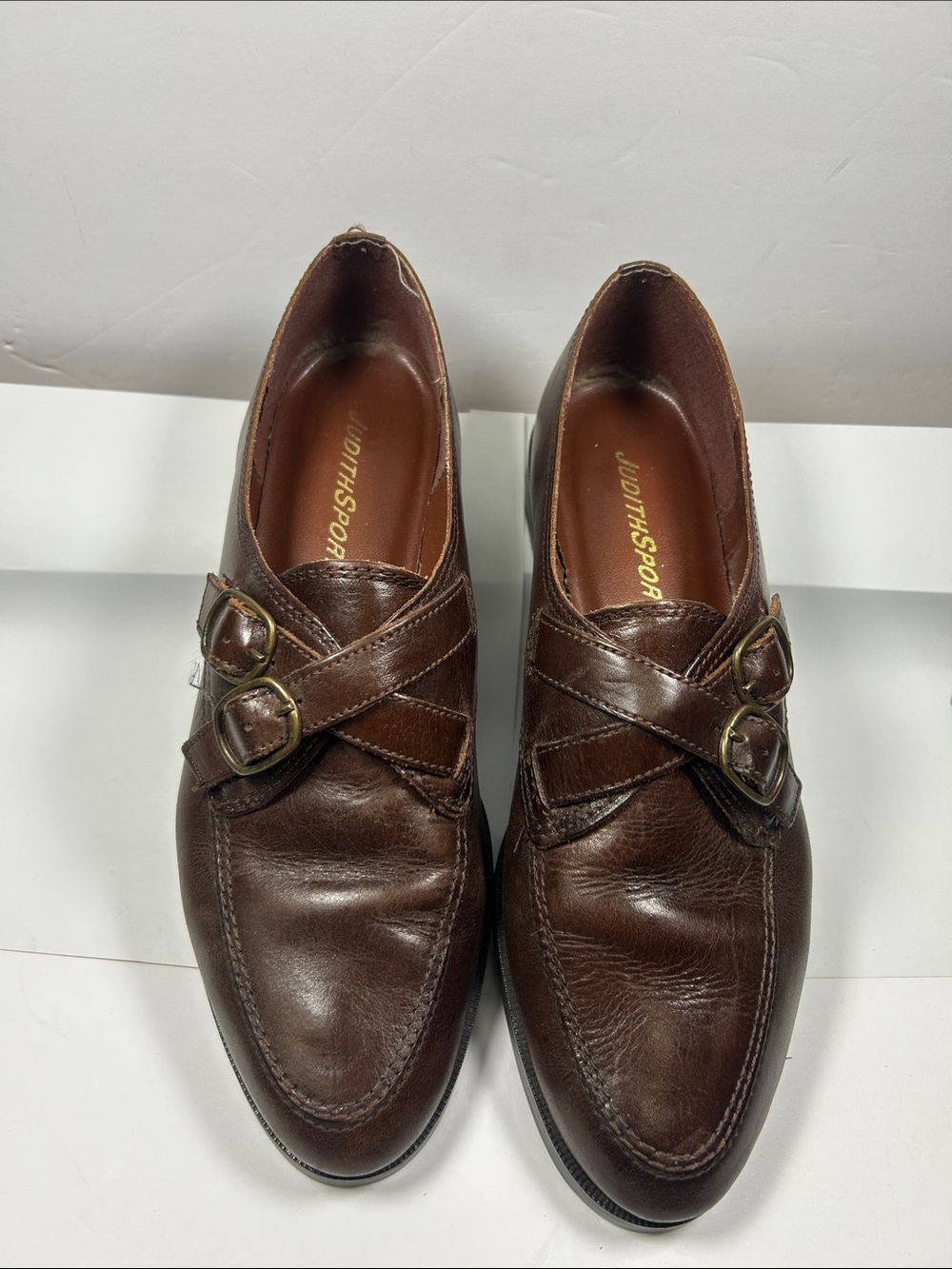 Vintage women's brown leather Judith Sport crisscross buckle loafers